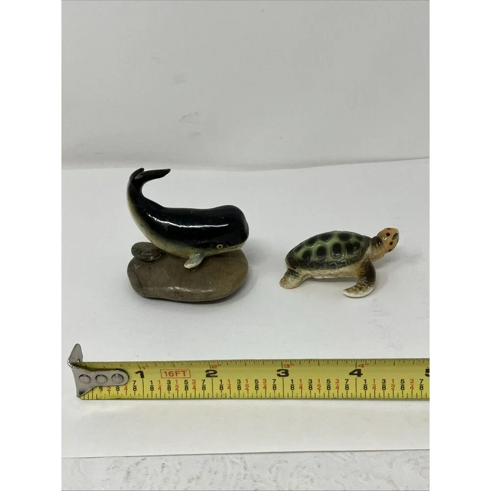 Vintage Ceramic Animal Figurine Lot Of 2 Miniature Whale On Stone & Sea Turtle